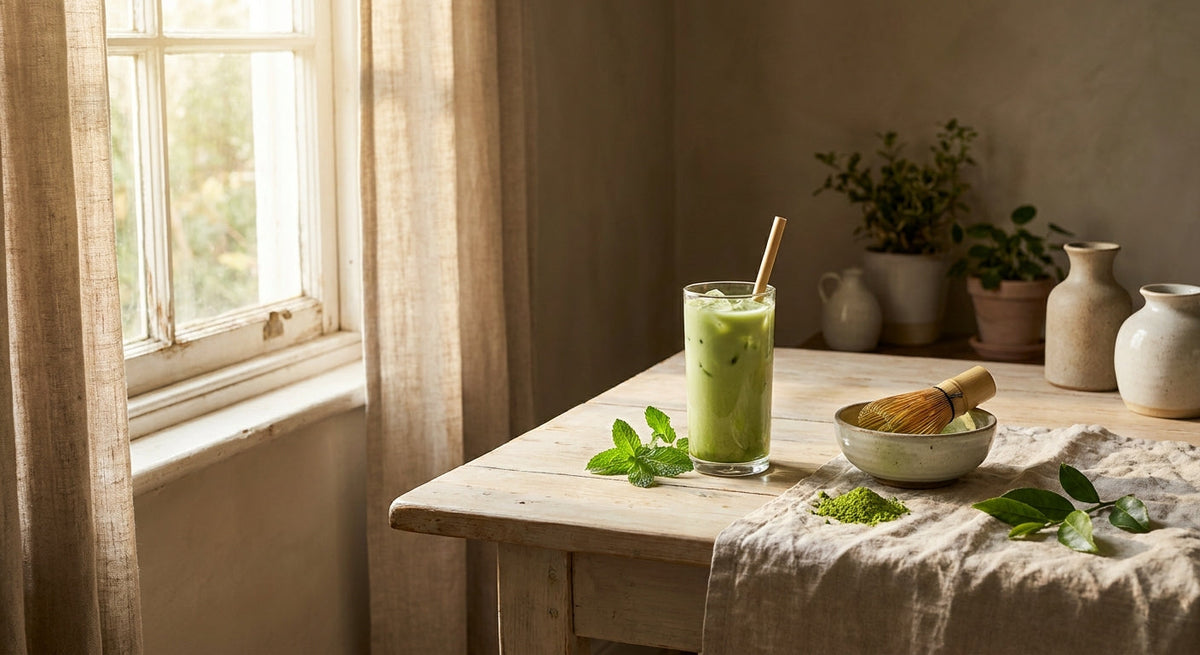 Ledena matcha sa bambusovom metlicom i živo zelenim prahom
