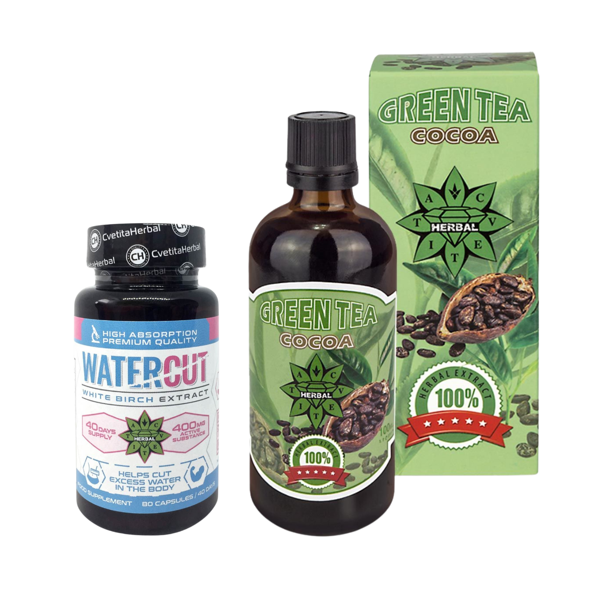 COMBO PAKET: Green Tea with Cocoa 100ml + Water Cut (Ekstrakt bele breze) 80 kapsula