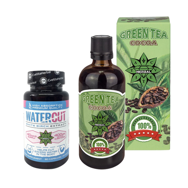 COMBO PAKET: Green Tea with Cocoa 100ml + Water Cut (Ekstrakt bele breze) 80 kapsula